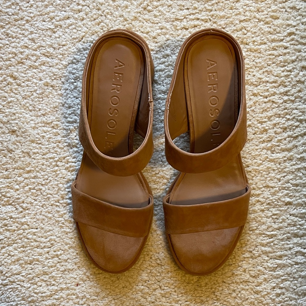 AEROSOLES Tan Double-Strap Slide Mules